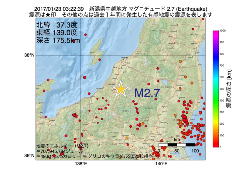 地震震源マップ：2017年01月23日 03時22分　新潟県中越地方 M2.7