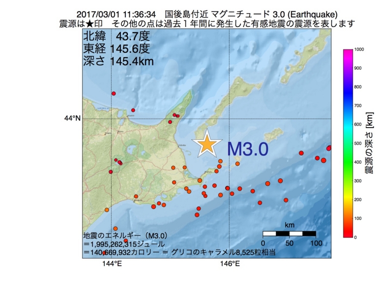 地震震源マップ：2017年03月01日 11時36分　国後島付近 M3.0