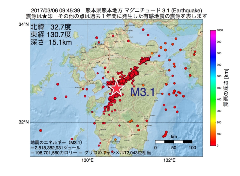 地震震源マップ：2017年03月06日 09時45分　熊本県熊本地方 M3.1