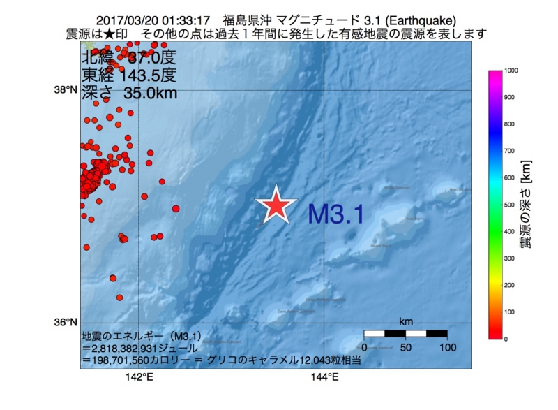 地震震源マップ：2017年03月20日 01時33分　福島県沖 M3.1