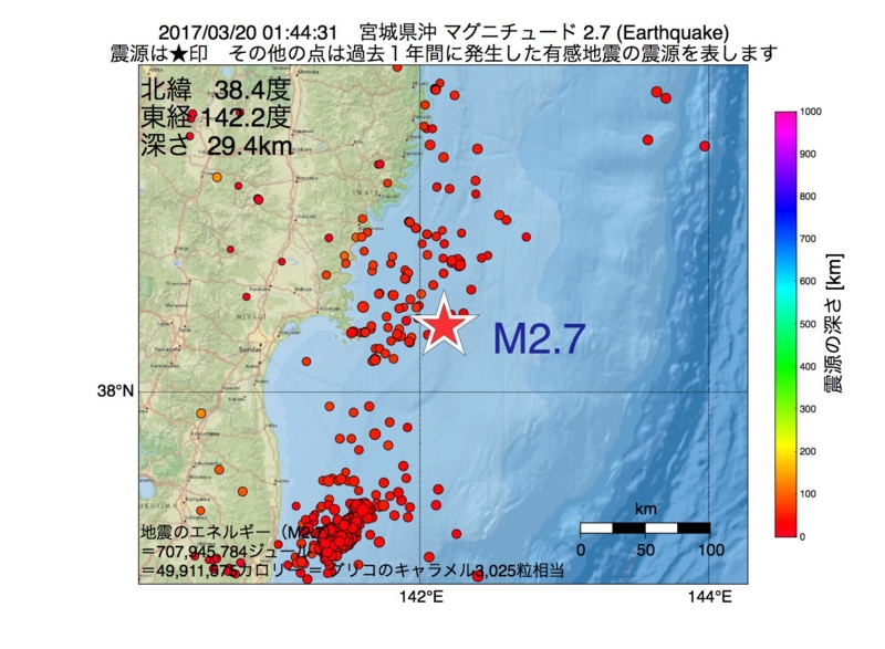 地震震源マップ：2017年03月20日 01時44分　宮城県沖 M2.7