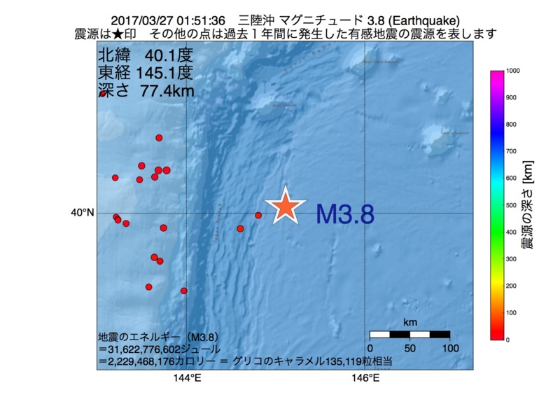 地震震源マップ：2017年03月27日 01時51分　三陸沖 M3.8