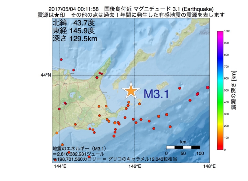 地震震源マップ：2017年05月04日 00時11分　国後島付近 M3.1