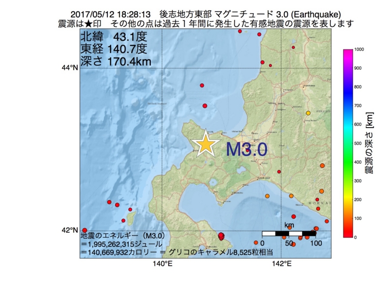 地震震源マップ：2017年05月12日 18時28分　後志地方東部 M3.0