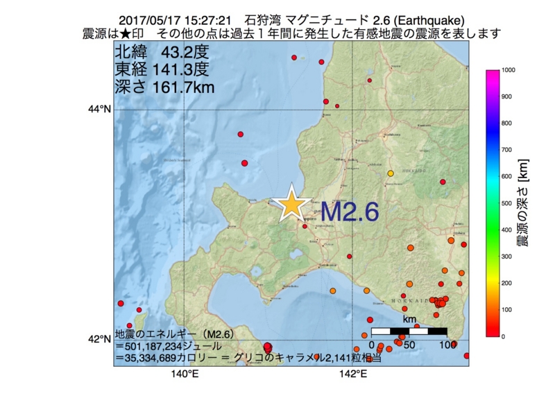 地震震源マップ：2017年05月17日 15時27分　石狩湾 M2.6