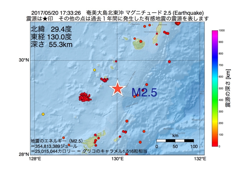 地震震源マップ：2017年05月20日 17時33分　奄美大島北東沖 M2.5