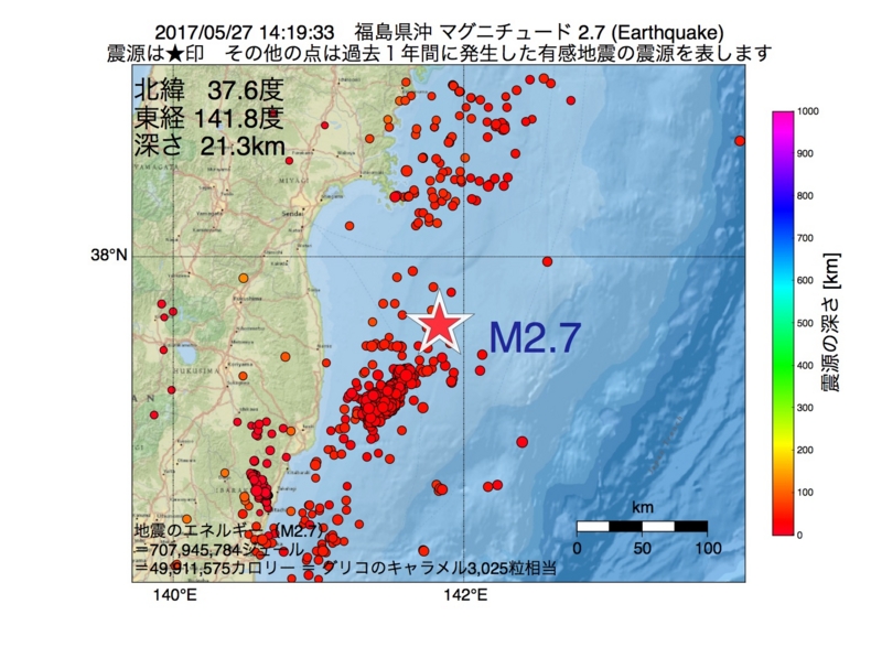 地震震源マップ：2017年05月27日 14時19分　福島県沖 M2.7