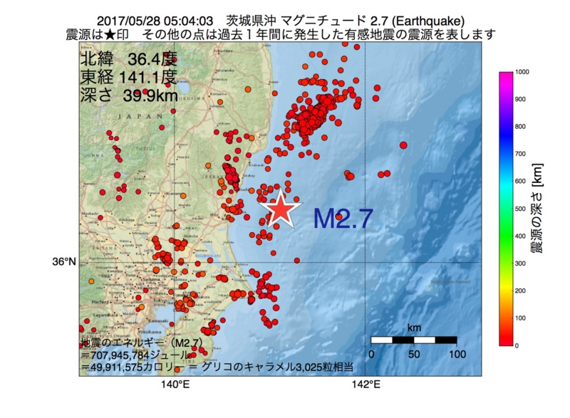 地震震源マップ：2017年05月28日 05時04分　茨城県沖 M2.7