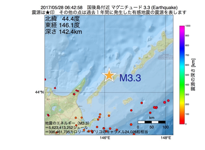 地震震源マップ：2017年05月28日 06時42分　国後島付近 M3.3