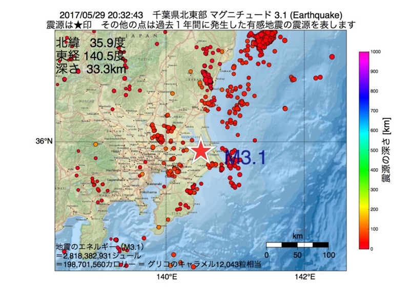 地震震源マップ：2017年05月29日 20時32分　千葉県北東部 M3.1