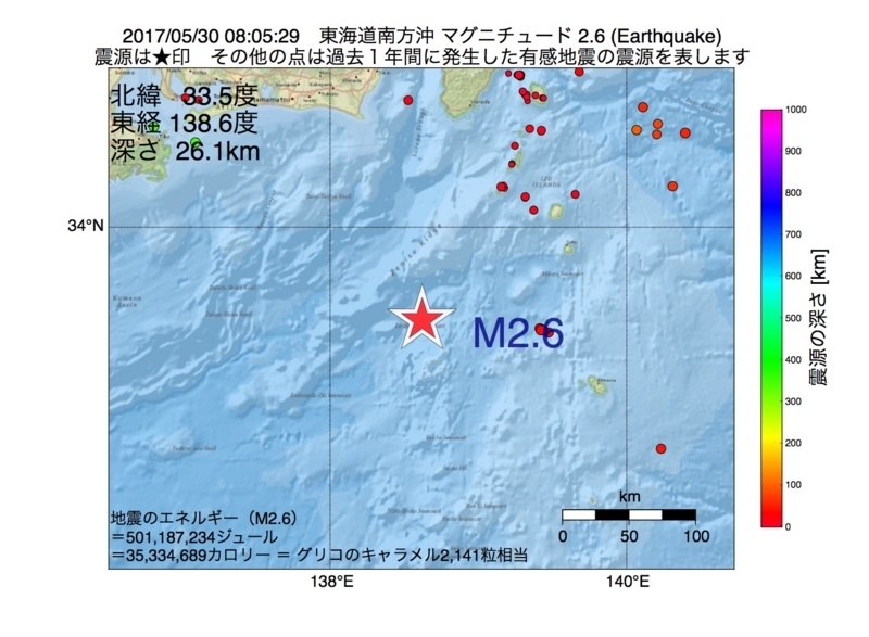 地震震源マップ：2017年05月30日 08時05分　東海道南方沖 M2.6