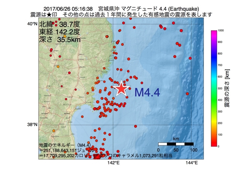 地震震源マップ：2017年06月26日 05時16分　宮城県沖 M4.4