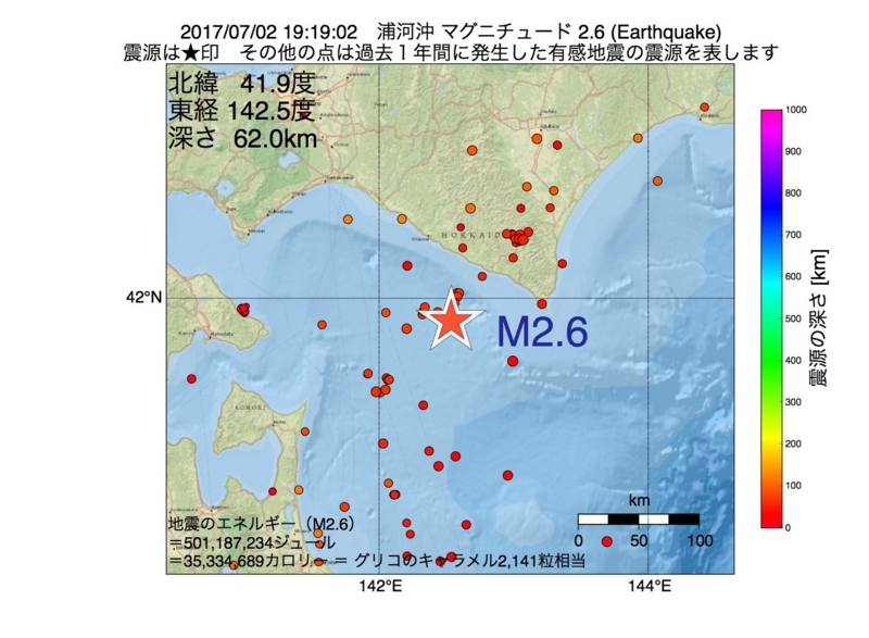 地震震源マップ：2017年07月02日 19時19分　浦河沖 M2.6