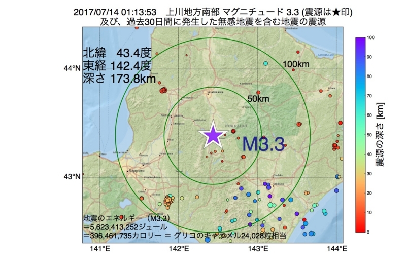 地震震源マップ：2017年07月14日 01時13分　上川地方南部 M3.3