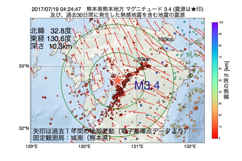 地震震源マップ：2017年07月19日 04時24分　熊本県熊本地方 M3.4