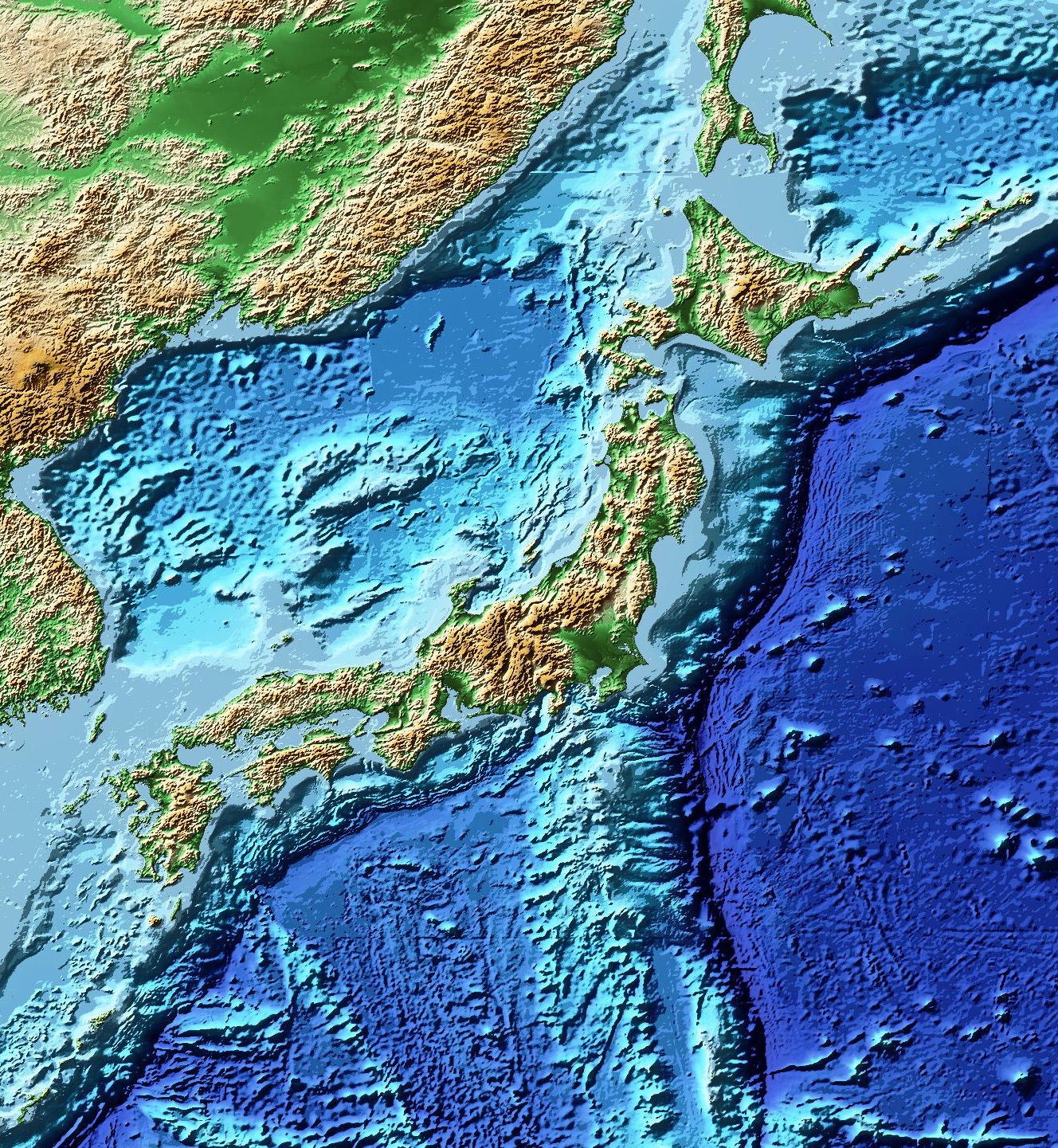 ETOPO1で作成した日本周辺の陰影段彩図