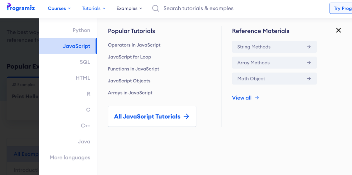programizの言語選択画面スクショ