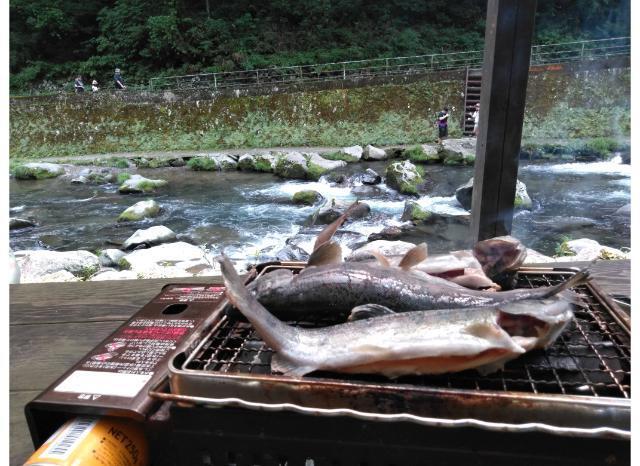 渓流でヤマメを焼く