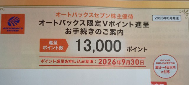 オートバックスセブン（9832）から株主優待到着、株主優待はVポイント（2026年6月）