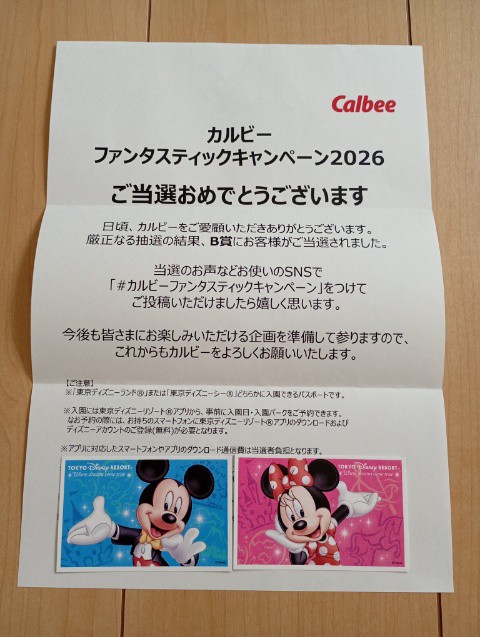 懸賞当選　カルビーファンタスティックキャンペーン2026の懸賞で、念願のディズニーチケットが当たった（2026年7月）