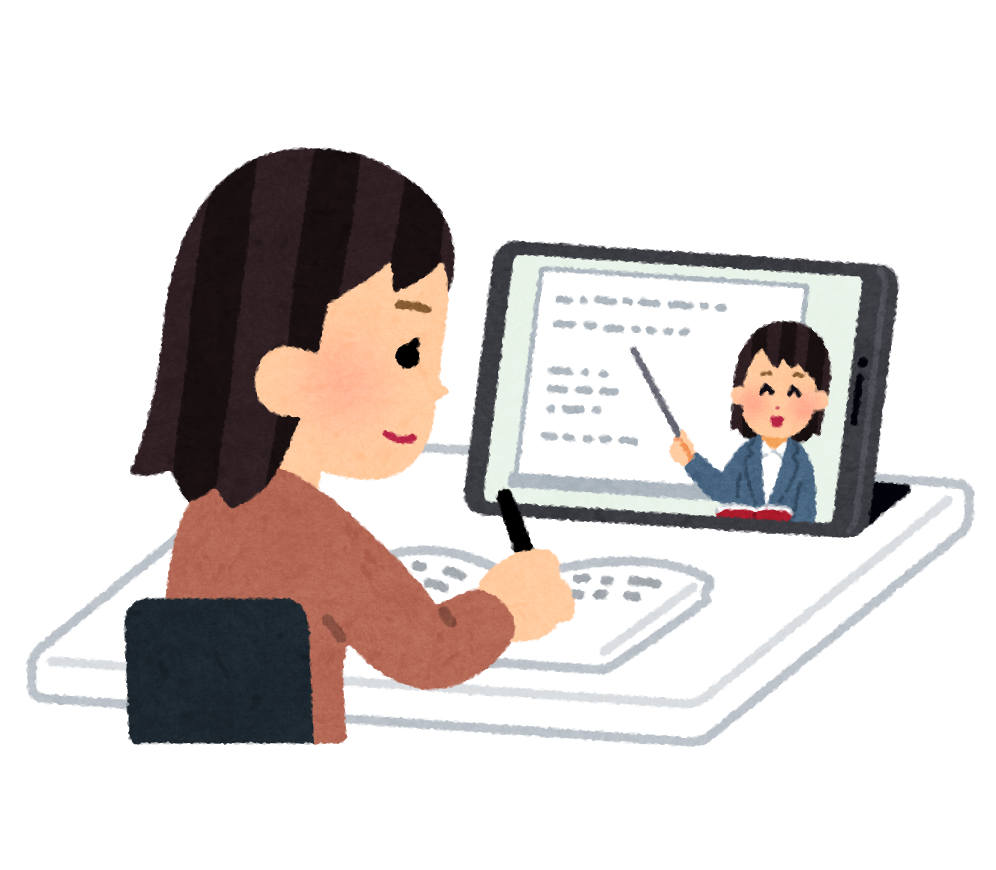 動画を視聴して勉強する女性のイラスト