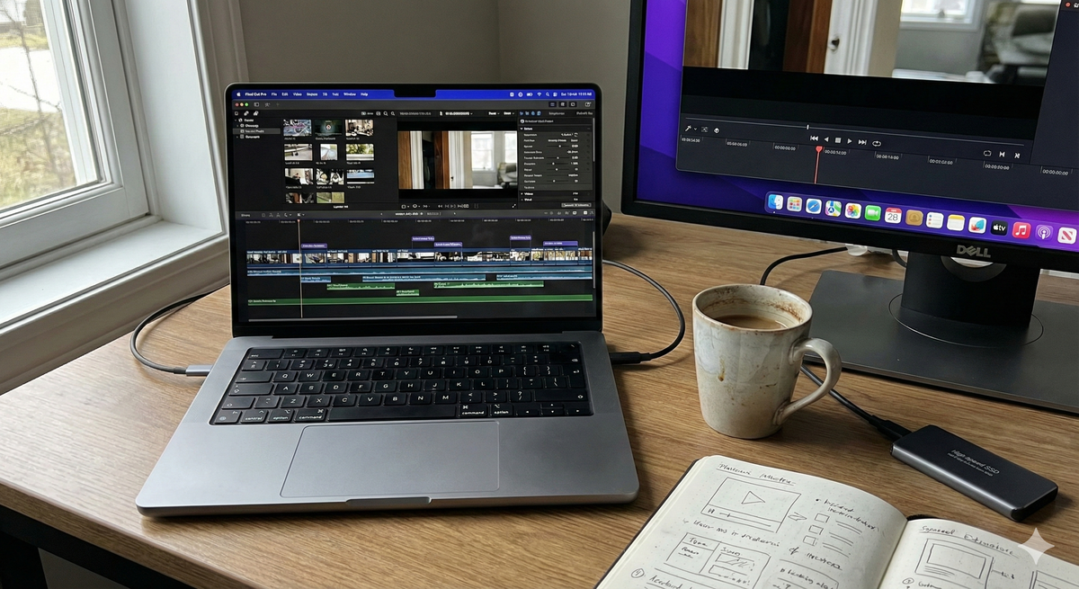 デスクの上にMac Bookとコーヒー。