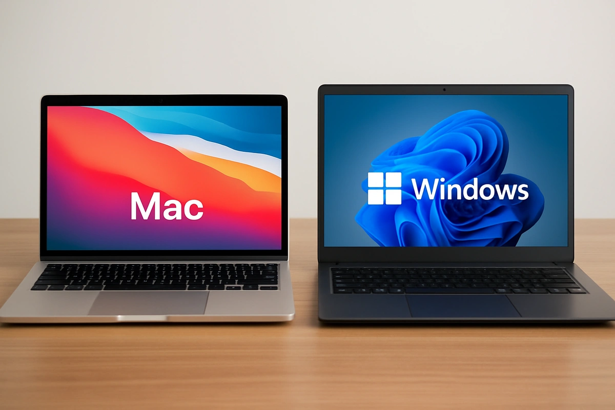 MacBookとWindows PCを並べてる様子。