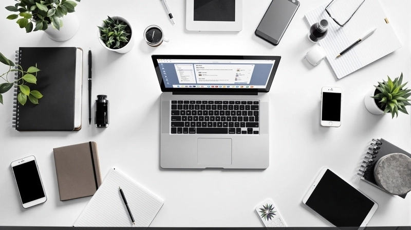 PCやノートやスマホがデスクに並んで情報迷子になっているイメージ。