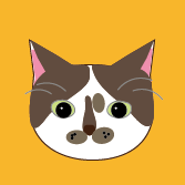 minの手書きの猫のアイコン。猫は生地柄と白のハチワレの顔で、背景は黄色