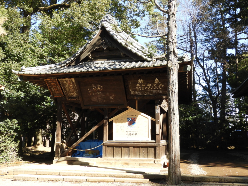 武蔵一宮氷川神社の額殿とＪリーグの大宮アルディージャが奉納した額