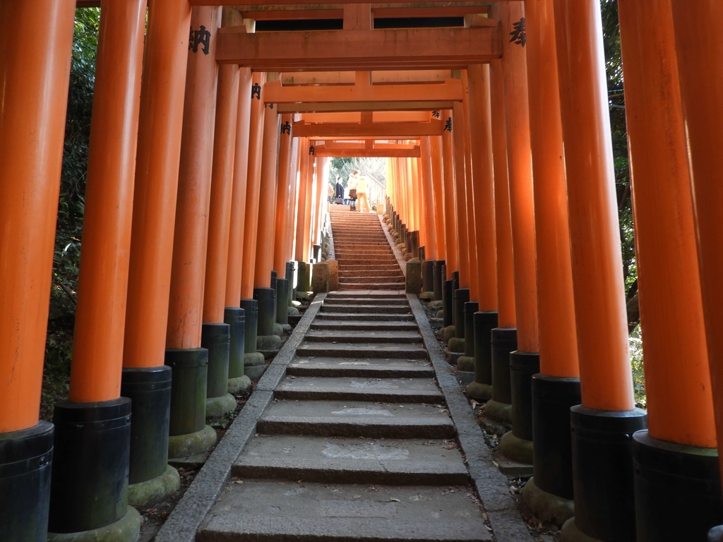 稲荷山の上り階段に連なる朱色の鳥居