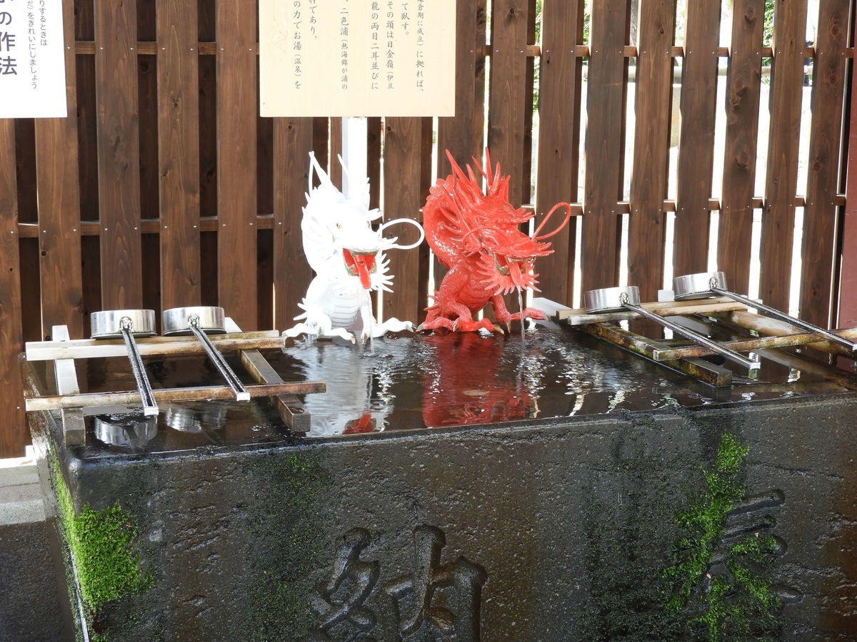 赤と白の二龍の口から水が出る手水舎