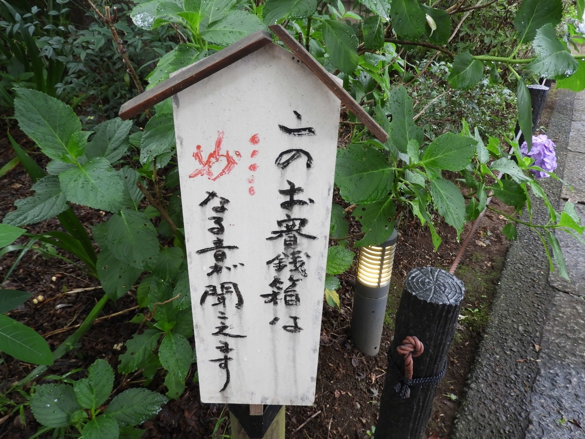 賽銭箱の説明をする看板