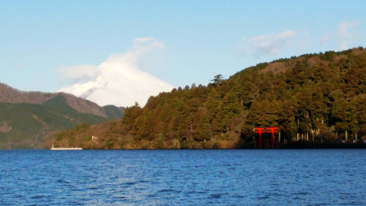 箱根を象徴する景色である富士山と芦ノ湖と鳥居のセット