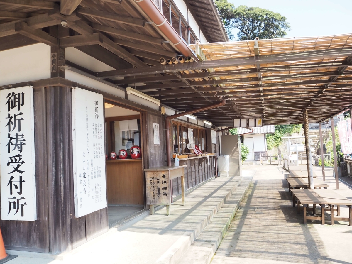 半蔵坊の御祈祷受付所。だるまが３個並んでいる
