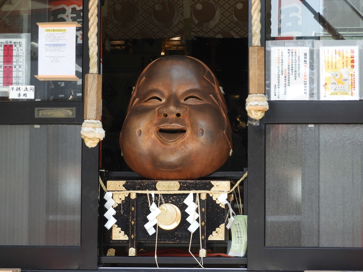 賽銭箱の上に置かれた「なでおかめ」像