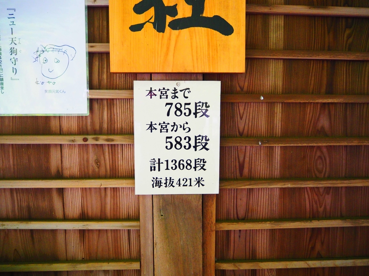 「本宮まで785段、本宮から奥社まで583段、合計1368段」と書かれたプレート