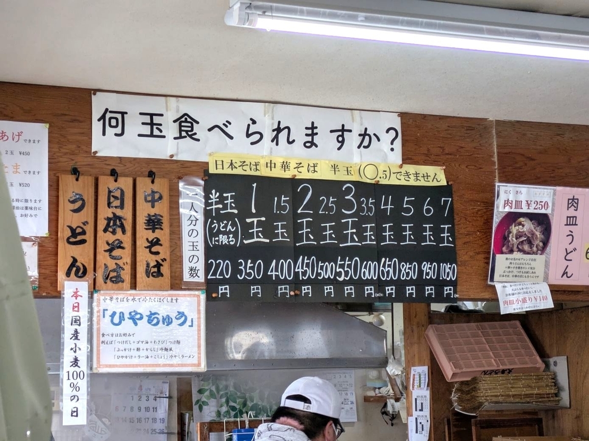手打麺や大島のメニュー表