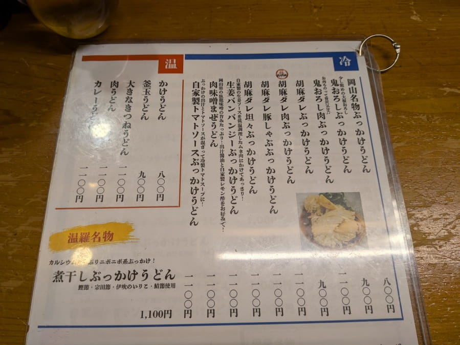 温羅のメニュー表