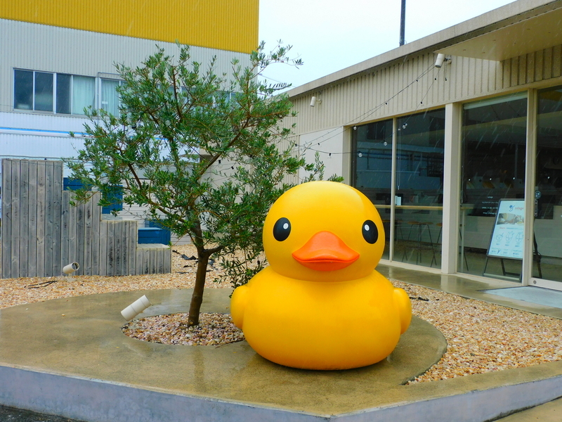 すみのえアート・ビート2025でアヒルちゃん！(1)雨中のスタンプラリー