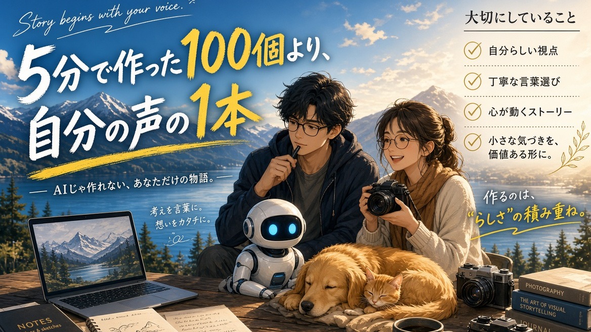 「5分で作った100個より、自分の声の1本」の文字と、湖と山を背景に考える男性、カメラを持つ女性、小さなロボット、眠る犬と猫のイラスト