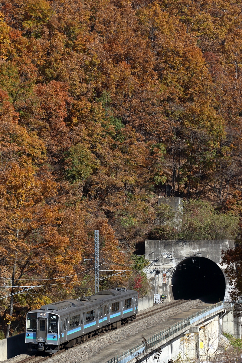 懐かしのレッドトレイン写真パネル 2022明科の紅葉 白坂トンネルにて - 鉄道気分