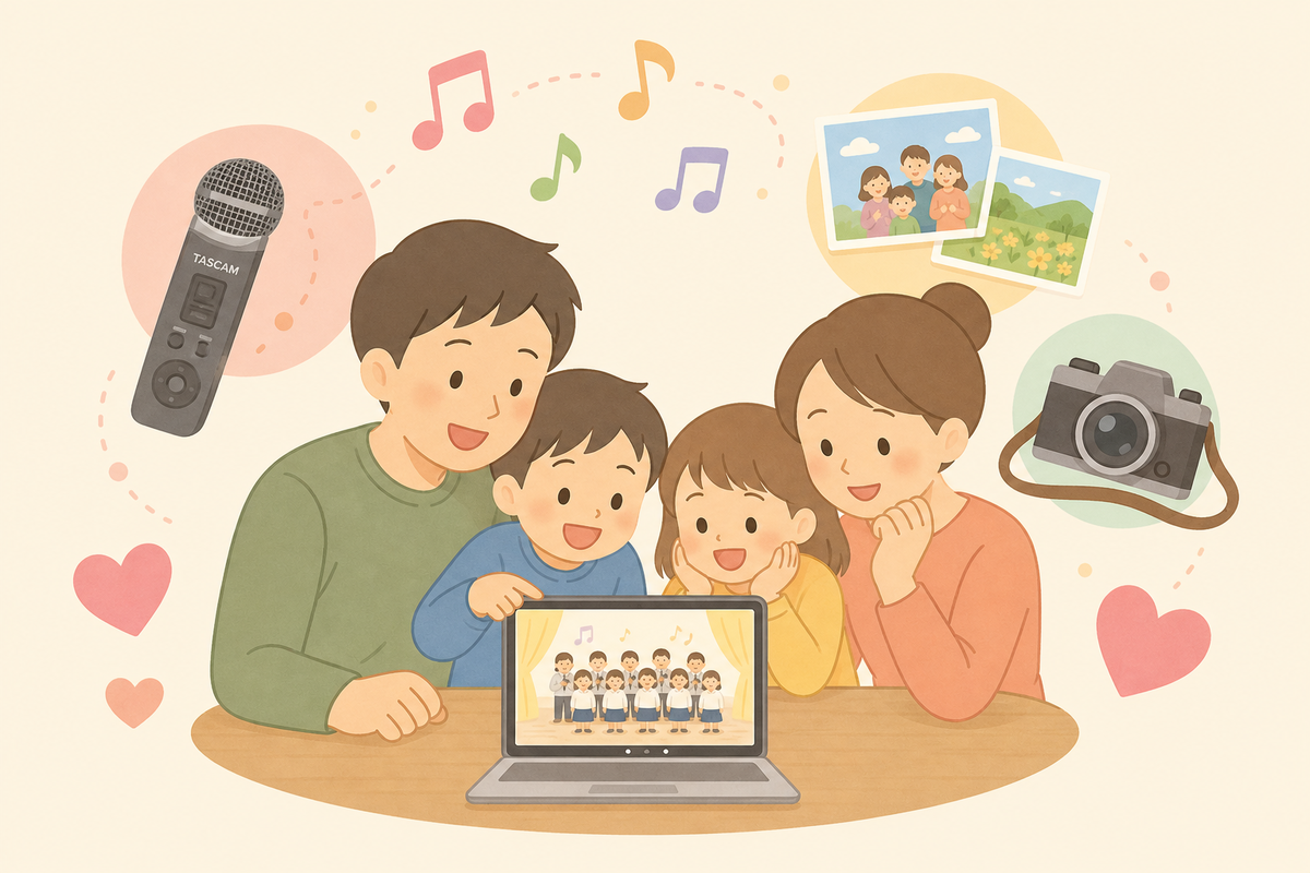 TASCAMで録音した合唱の声と写真で作る家族のスライドショーのイメージイラスト