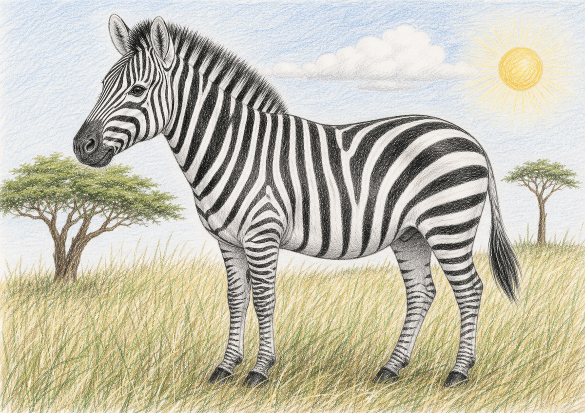 AIで生成した大人が描いたような色鉛筆風シマウマのイラスト