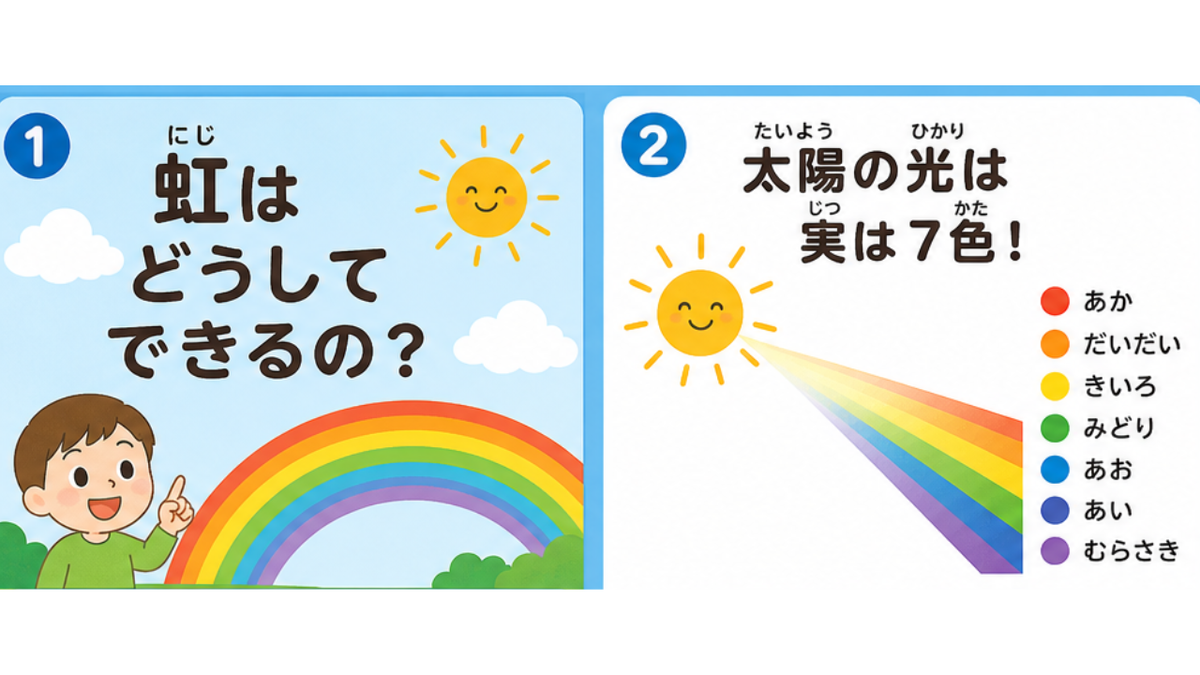 虹はどうしてできるの？太陽の光は実は7色という子ども向けの図解