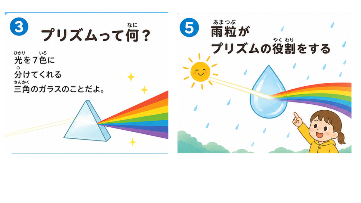 プリズムは光を7色に分ける三角のガラス。雨粒がプリズムの役割をして虹ができる図解