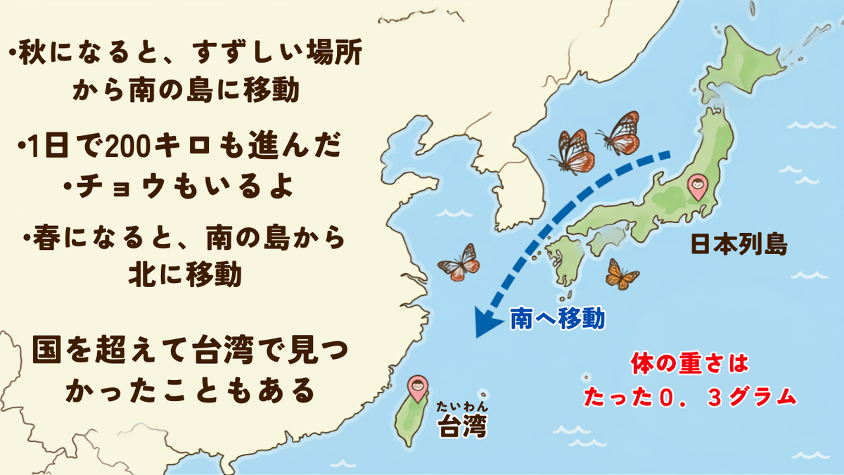 アサギマダラが海をこえて飛ぶきょりを示した日本地図のスライド