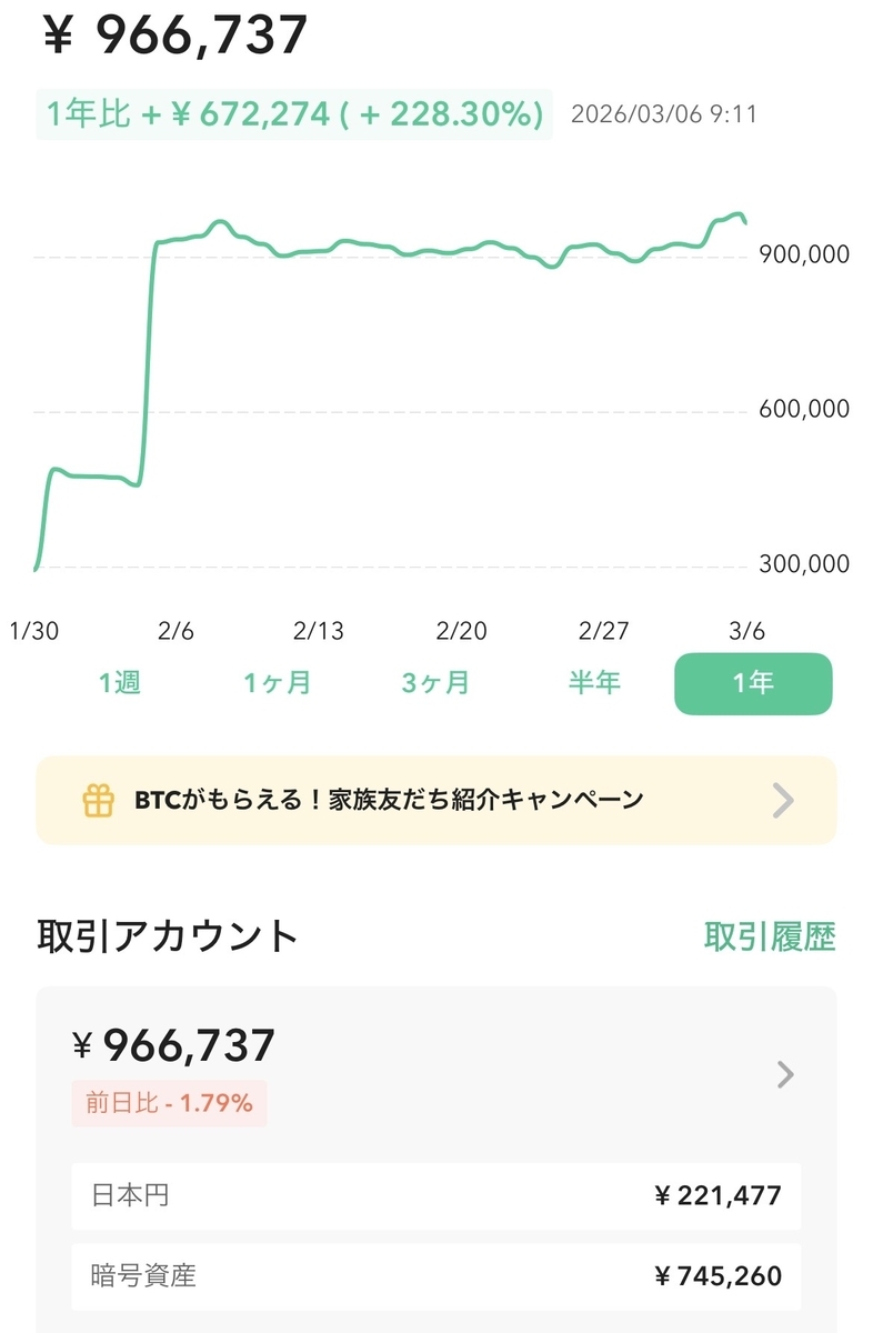ビットコイン ウォレット 966737円 投資1ヶ月目の記録