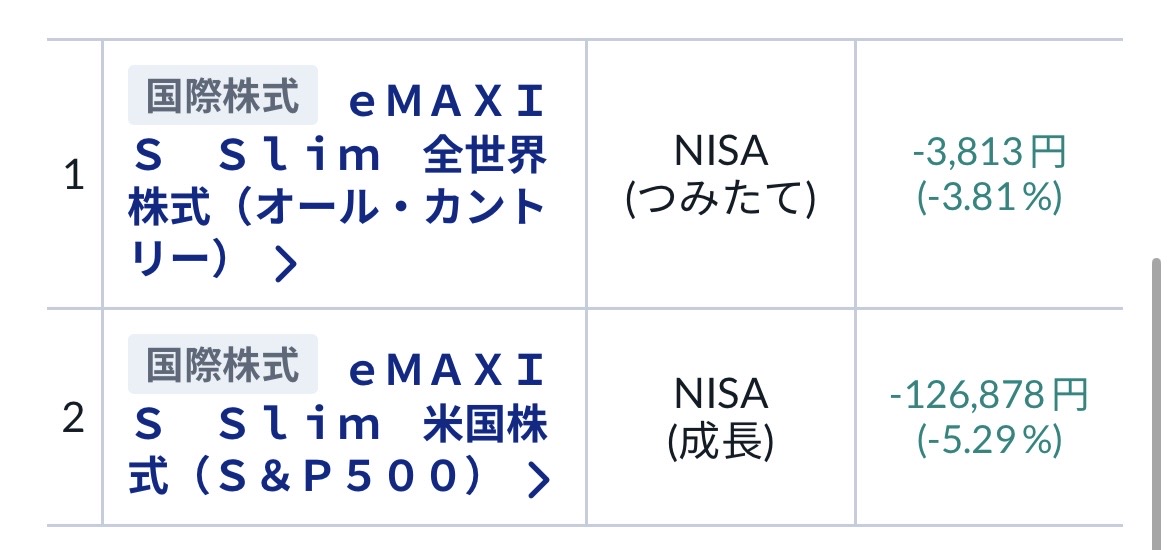 オルカン -3813円 S&P500 -126878円 銘柄別損益