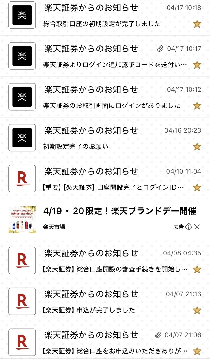 楽天証券口座開設完了のスクリーンショット